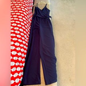 Navy blue spaghetti straps slit pants jumper